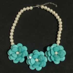 Turquoise Color Flowers and Faux Pearl Statement Necklace 18” + 2” Extender